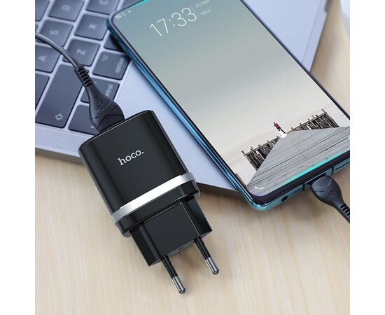  Адаптер Сетевой с кабелем Hoco C12Q 1USB/5V/3A QC3.0+Type-C (black) 