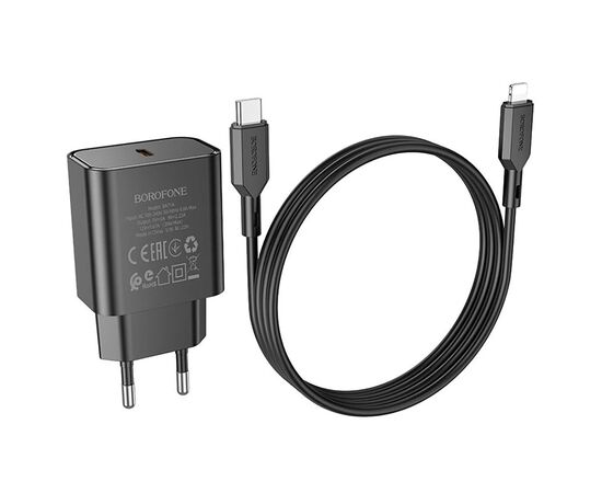  Адаптер Сетевой с кабелем Borofone BA71A Power single port PD20W+QA3.0 Type-C+iP (black) (213514) 