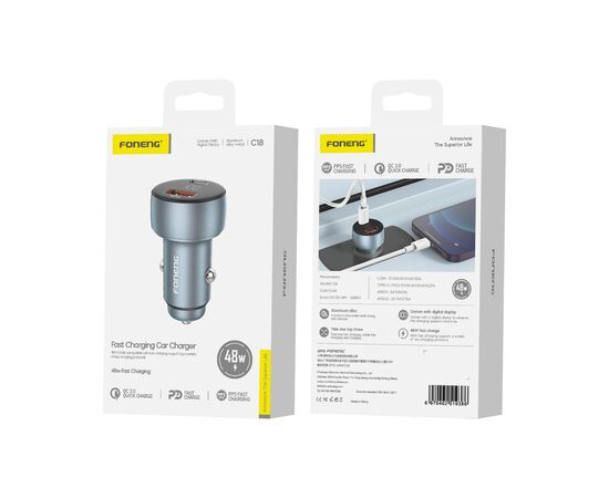 Автомобильное зарядное устройство (АЗУ) Foneng C18 USB + USB-C 48W (Metal gray) 