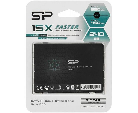  Внутренний SSD  Silicon Power  240GB  S55, SATA-III, R/W - 550/500 MB/s, 2.5", PS3108, TLC 