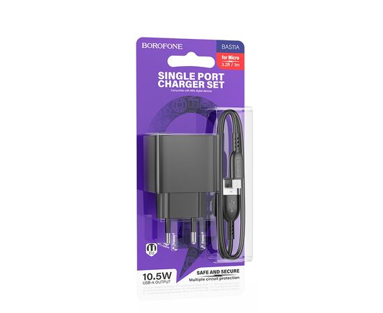  Адаптер Сетевой с кабелем Borofone BAS11A Erudite USB 2,1A/10,5W (USB/Micro USB) (black) (225093) 