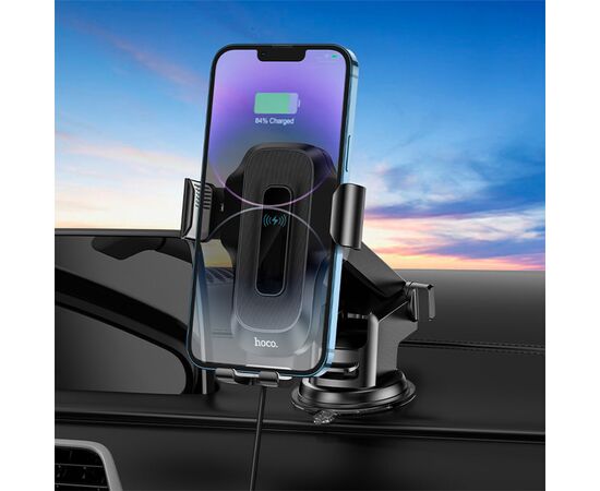  Автомобильный держатель HOCO HW3 Wise automatic, зажимной с беспроводной зарядкой, 15W, на приборная панель/лобовое стекло, черный 