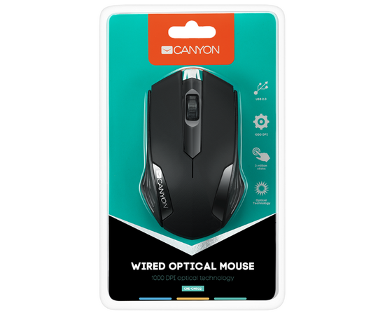  Мышь проводная CANYON CNE-CMS02B Black 1000dpi, 3кн. 