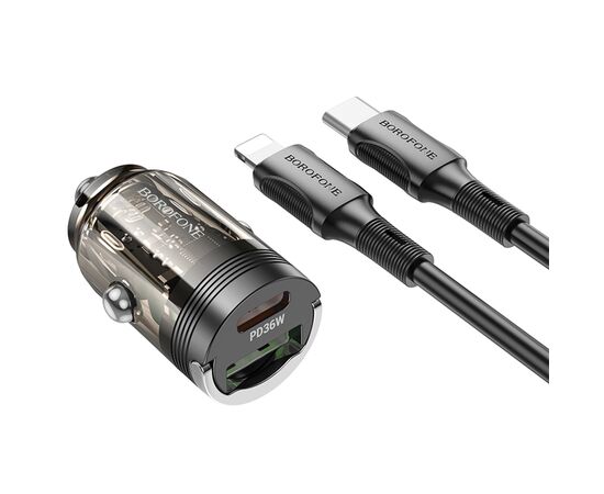  Автомобильное зарядное устройство BOROFONE BZ29A Talented, 1xUSB + 1xUSB-C с Кабелем Type-C - Lightning, 3A, 36W, черный 