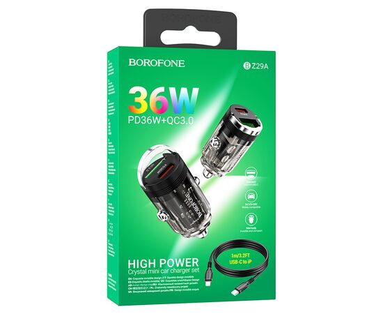  Автомобильное зарядное устройство BOROFONE BZ29A Talented, 1xUSB + 1xUSB-C с Кабелем Type-C - Lightning, 3A, 36W, черный 