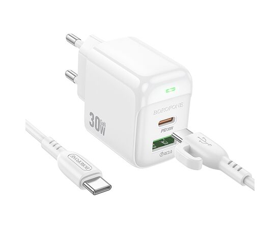  Адаптер Сетевой с кабелем Borofone BAS45A Potential USB/Type-C 3A/30W (Type-C/Type-C) (white(235114) 