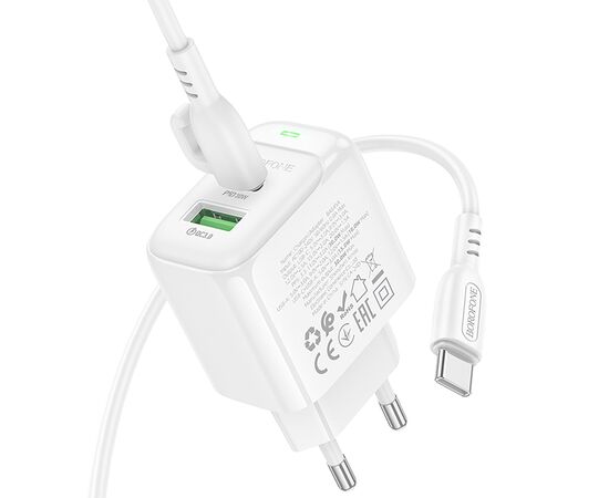  Адаптер Сетевой с кабелем Borofone BAS45A Potential USB/Type-C 3A/30W (Type-C/Type-C) (white(235114) 
