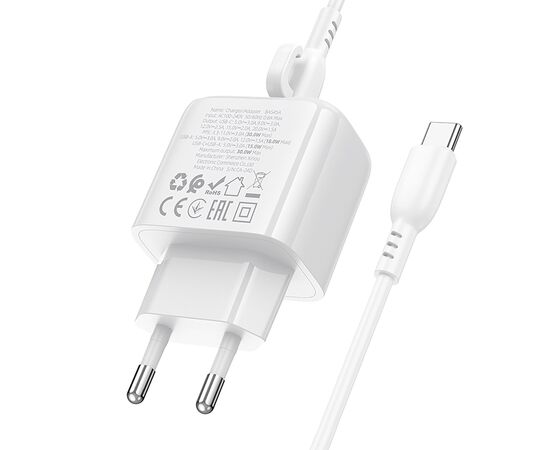  Адаптер Сетевой с кабелем Borofone BAS45A Potential USB/Type-C 3A/30W (Type-C/Type-C) (white(235114) 