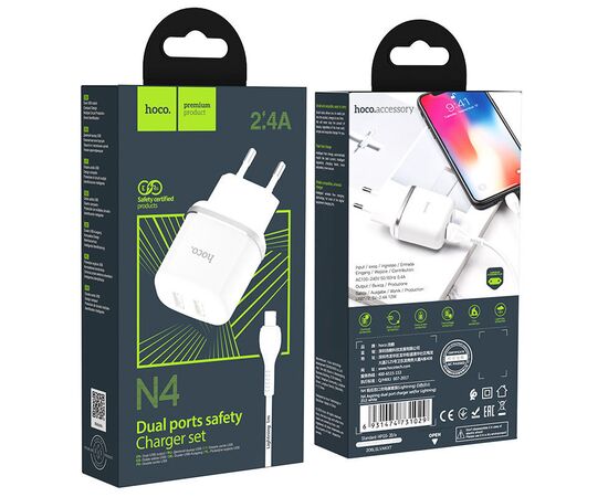  Сетевой адаптер hoco N4 Aspiring dual port charger set (for Lightning) (EU) - White 